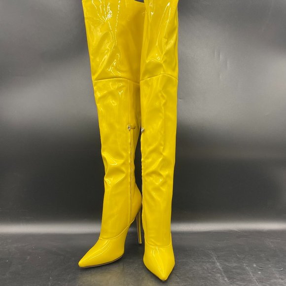 FSJ Shoes - S Yellow Pointed Toe Thigh High Heel Over The Knee Boots
